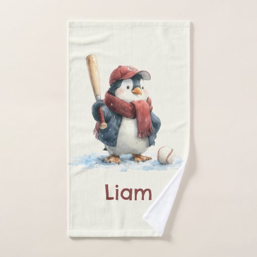 Personalized Winter Penguin Baseball Kid バスタオルセット (ハンドタオル)