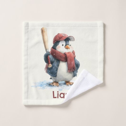 Personalized Winter Penguin Baseball Kid バスタオルセット (ウォッシュタオル)
