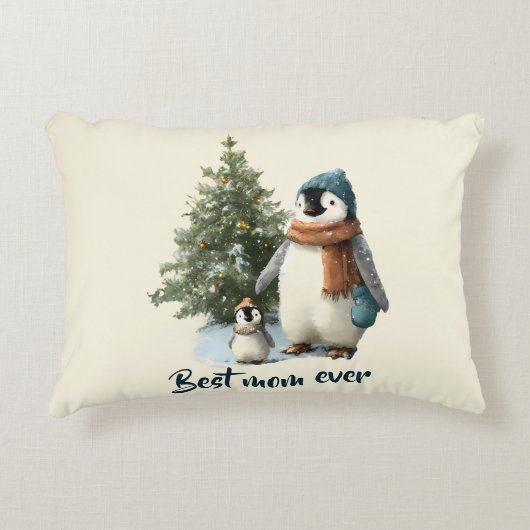 Personalized Winter Penguin “Best Mom Ever” アクセントクッション (正面)