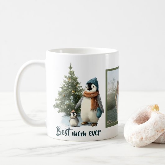 Personalized Winter Penguin “Best Mom Ever” コーヒーマグカップ (ドーナツ)