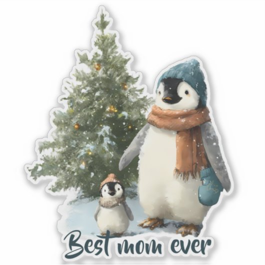 Personalized Winter Penguin “Best Mom Ever” シール (正面)