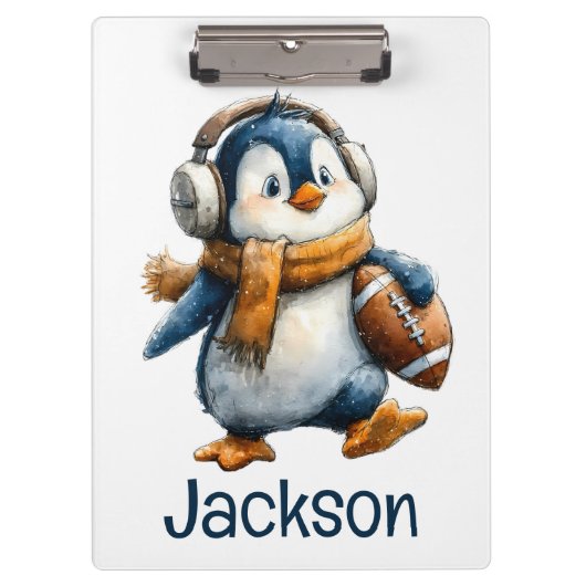 Personalized Winter Penguin Football Kid クリップボード (正面)