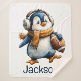 Personalized Winter Penguin Football Kid シェルパブランケット
