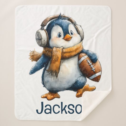 Personalized Winter Penguin Football Kid シェルパブランケット (正面)