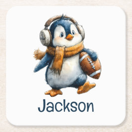 Personalized Winter Penguin Football Kid スクエアペーパーコースター