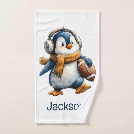 Personalized Winter Penguin Football Kid バスタオルセット (ハンドタオル)