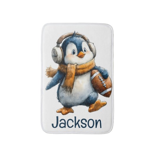 Personalized Winter Penguin Football Kid バスマット (正面縦)