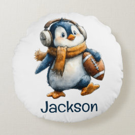 Personalized Winter Penguin Football Kid ラウンドクッション