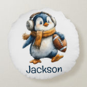 Personalized Winter Penguin Football Kid ラウンドクッション (裏面)