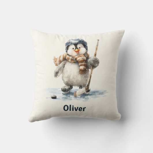Personalized Winter Penguin Hockey Kid クッション (裏面)