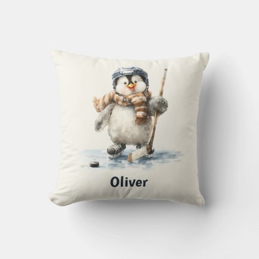 Personalized Winter Penguin Hockey Kid クッション (正面)