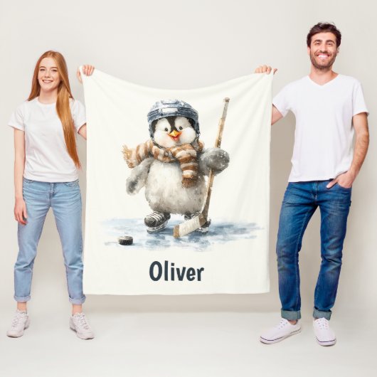 Personalized Winter Penguin Hockey Kid フリースブランケット (インサイチュ)