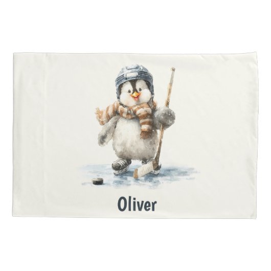Personalized Winter Penguin Hockey Kid 枕カバー (裏面)