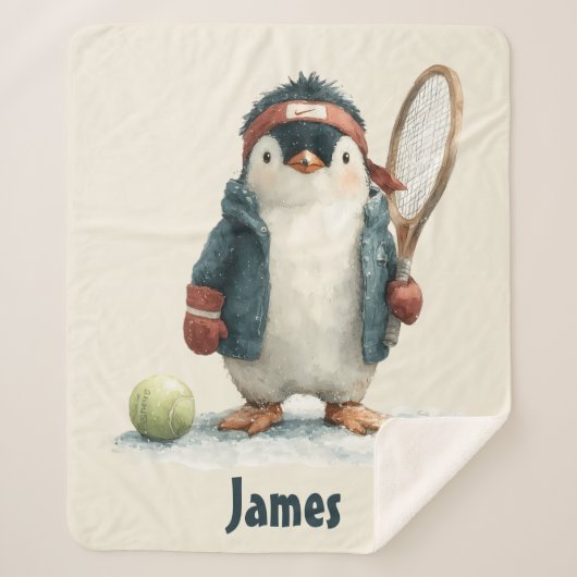Personalized Winter Penguin Tennis Kid シェルパブランケット (正面)