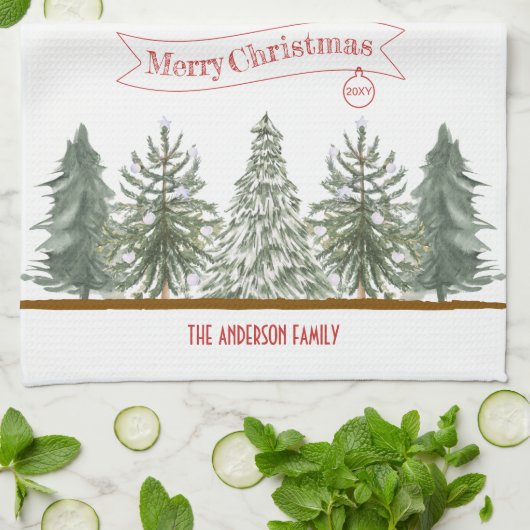 Personalized Winter Pine Tree Merry Christmas キッチンタオル (折り畳み)