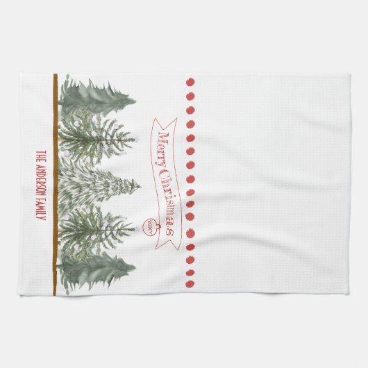 Personalized Winter Pine Tree Merry Christmas キッチンタオル (横)
