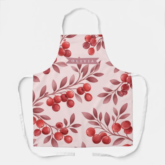 Personalized Winter Red Berry Botanical Cottage エプロン (正面)