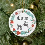 Personalized Winter Wreath and Deer Couple LOVE セラミックオーナメント<br><div class="desc">Personalized Deer Couple and Holiday Wreath LOVE Christmas Ornament.  Features a doe and buck deer couple surrounded by a pretty Christmas poinsettia,  holly and pine wreath. ~</div>