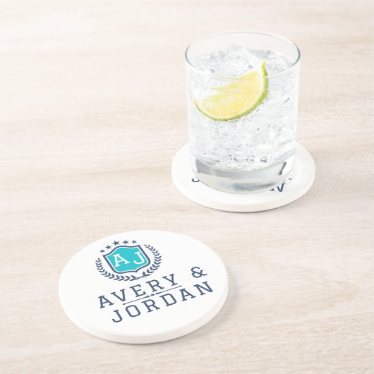 Personalized wite blue Monogram Wedding コースター (側面)