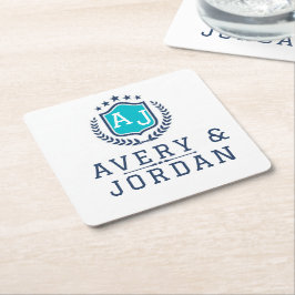 Personalized wite blue Monogram Wedding  スクエアペーパーコースター