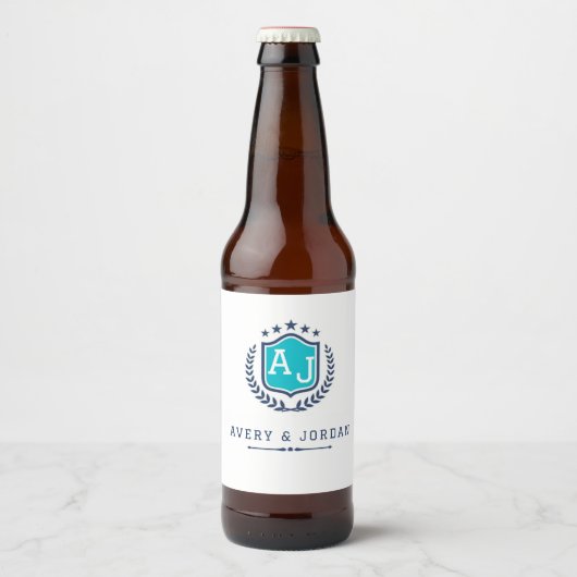 Personalized wite blue Monogram Wedding ビールラベル (正面)