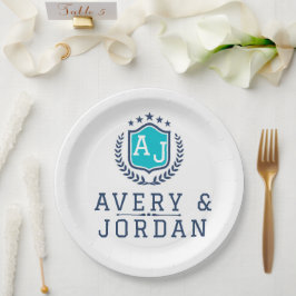 Personalized wite blue Monogram Wedding  ペーパープレート