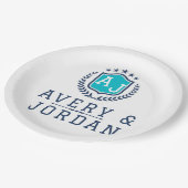 Personalized wite blue Monogram Wedding  ペーパープレート (アングル)
