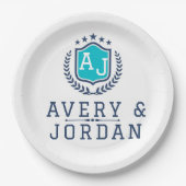 Personalized wite blue Monogram Wedding  ペーパープレート (正面)