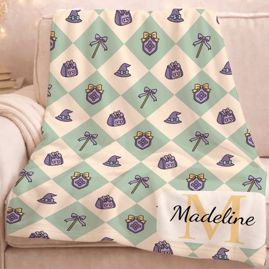 Personalized Wizard School Monogram Name Green フリースブランケット