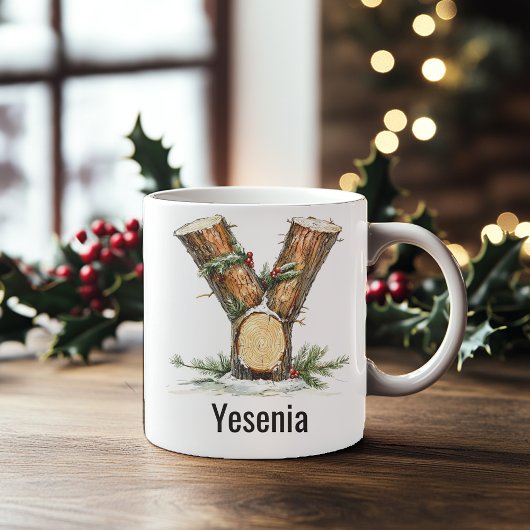Personalized Woodland Log Monogram Y Christmas コーヒーマグカップ