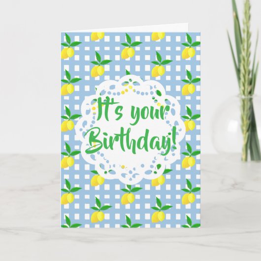 Personalized Yellow Lemons Blue White Birthday  カード (正面)