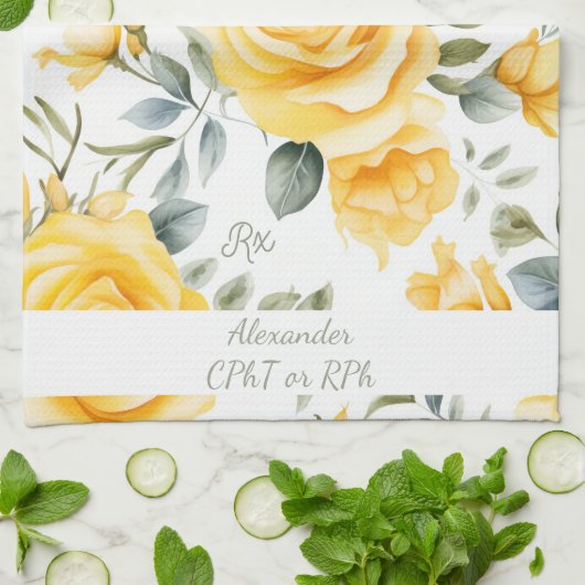 Personalized Yellow Rose & RX Pharmacy キッチンタオル (折り畳み)