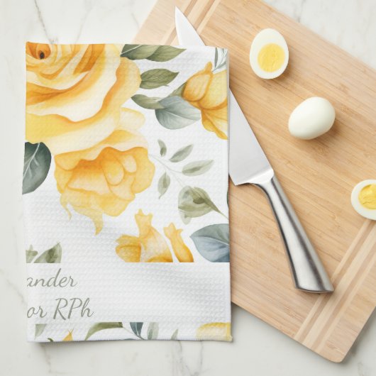 Personalized Yellow Rose & RX Pharmacy キッチンタオル (四つ折り)
