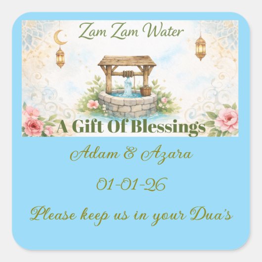 Personalized Zam Zam Water Label –Floral & Islamic スクエアシール (正面)