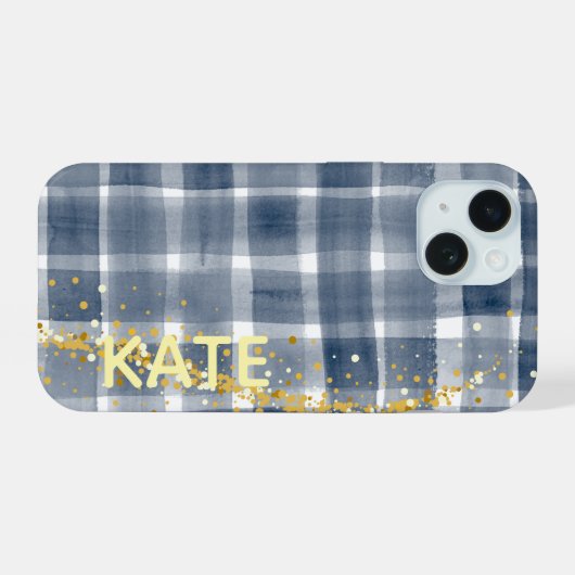 PERSONLIZED Blue Plaid Gold Aesthetic iPhone Case 15ケース (裏面横)