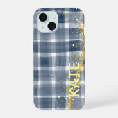 PERSONLIZED Blue Plaid Gold Aesthetic iPhone Case 15ケース (裏面)