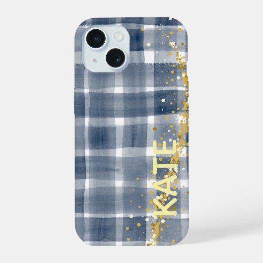 PERSONLIZED Blue Plaid Gold Aesthetic iPhone Case 15ケース (裏面)