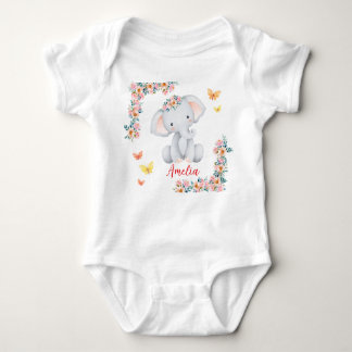 Personlized Name Baby Bodysuit Floral Elephant ベビーボディスーツ