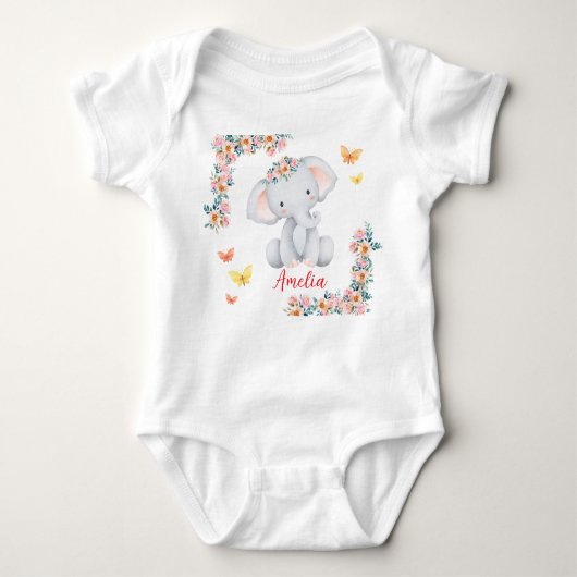 Personlized Name Baby Bodysuit Floral Elephant ベビーボディスーツ (正面)