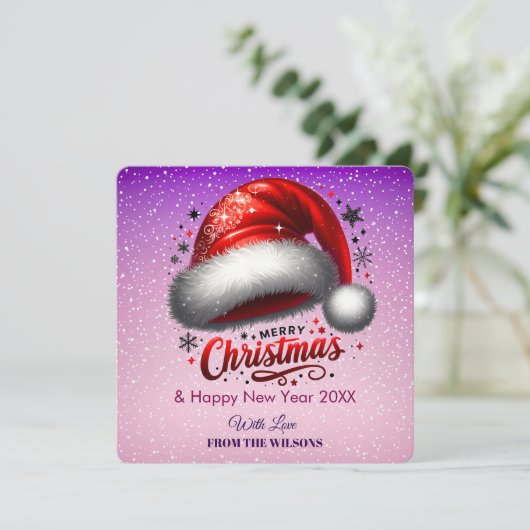 Personlized Scarlet Santa Hat Glow Photo Card シーズンカード (スタンド正面)