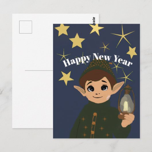Personnalisable Adorable Elfe et Nuit Étoilée ポストカード (正面/裏面)