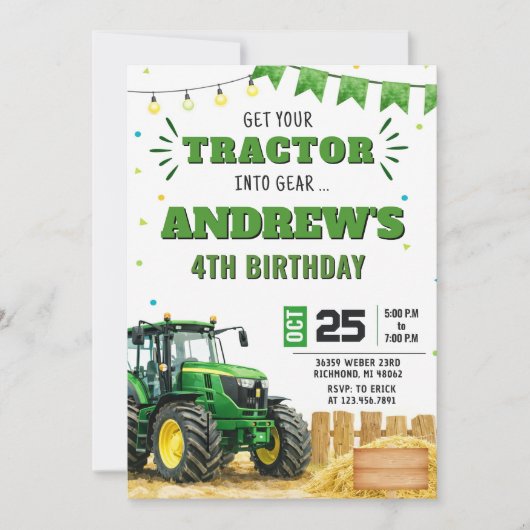 Pesonal Boy Tractor Birthday party 招待状 (正面)