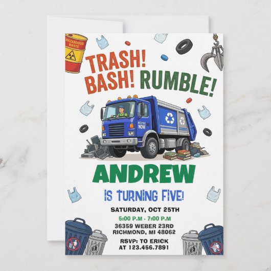 Pesonal Dump Everything Trash Truck Birthday party 招待状 (正面)