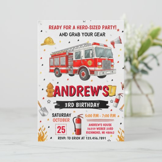 Pesonal FireFigher truck Birthday Party  招待状 (スタンド正面)