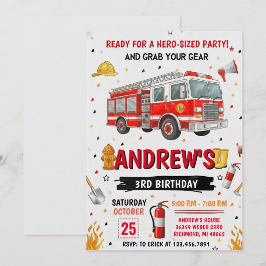 Pesonal FireFigher truck Birthday Party  招待状 (正面/裏面)