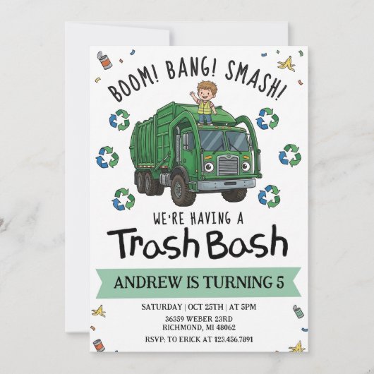 Pesonal Garbage Trash Truck Birthday for kids 招待状 (正面)
