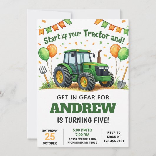 Pesonal Green Tractor Birthday Invitation 招待状 (正面)