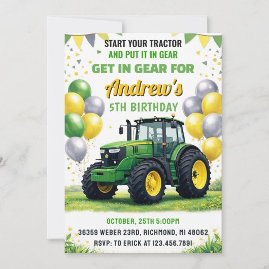 Pesonal Green Tractor Birthday Party 招待状 (正面)