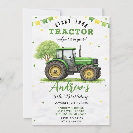 Pesonal Green Tractor Farm Birthday 招待状 (正面)