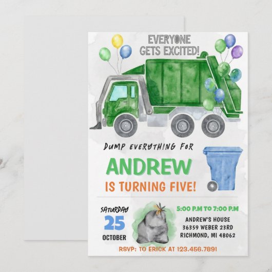 Pesonal Kids Dump Trucks Birthday Bash 招待状 (正面/裏面)